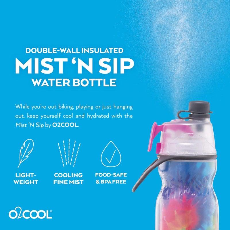 O2COOL Mist 'N Sip Misting Water Bottle 2-in-1 Mist And Sip Function With No Leak Pull Top Spout Reusable Sports Water Bottle - 20 oz (2 Pack Tie Dye) - Image 4